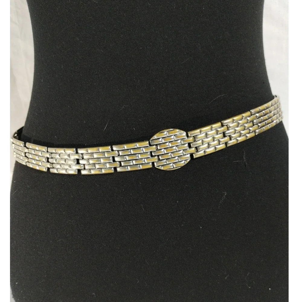 Vintage‎ Silver Tone Brick Link Metal Chain Belt Double Hook Closure 29.5 Inch